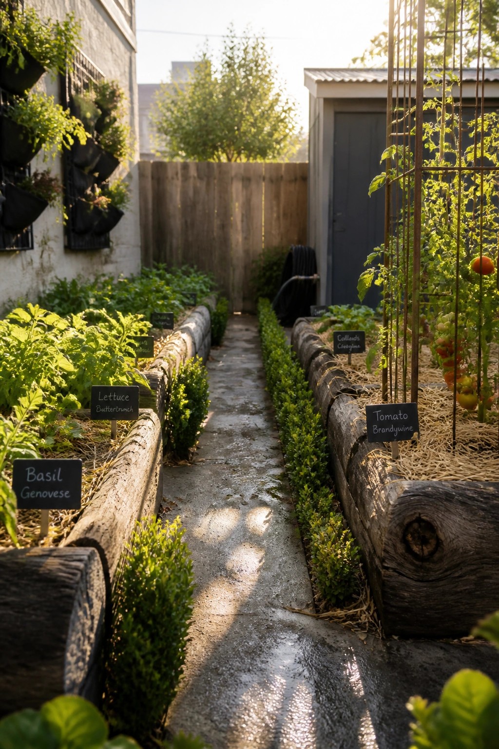 Vegetable garden with labeled raised beds of basil, lettuce, tomatoes along a path.