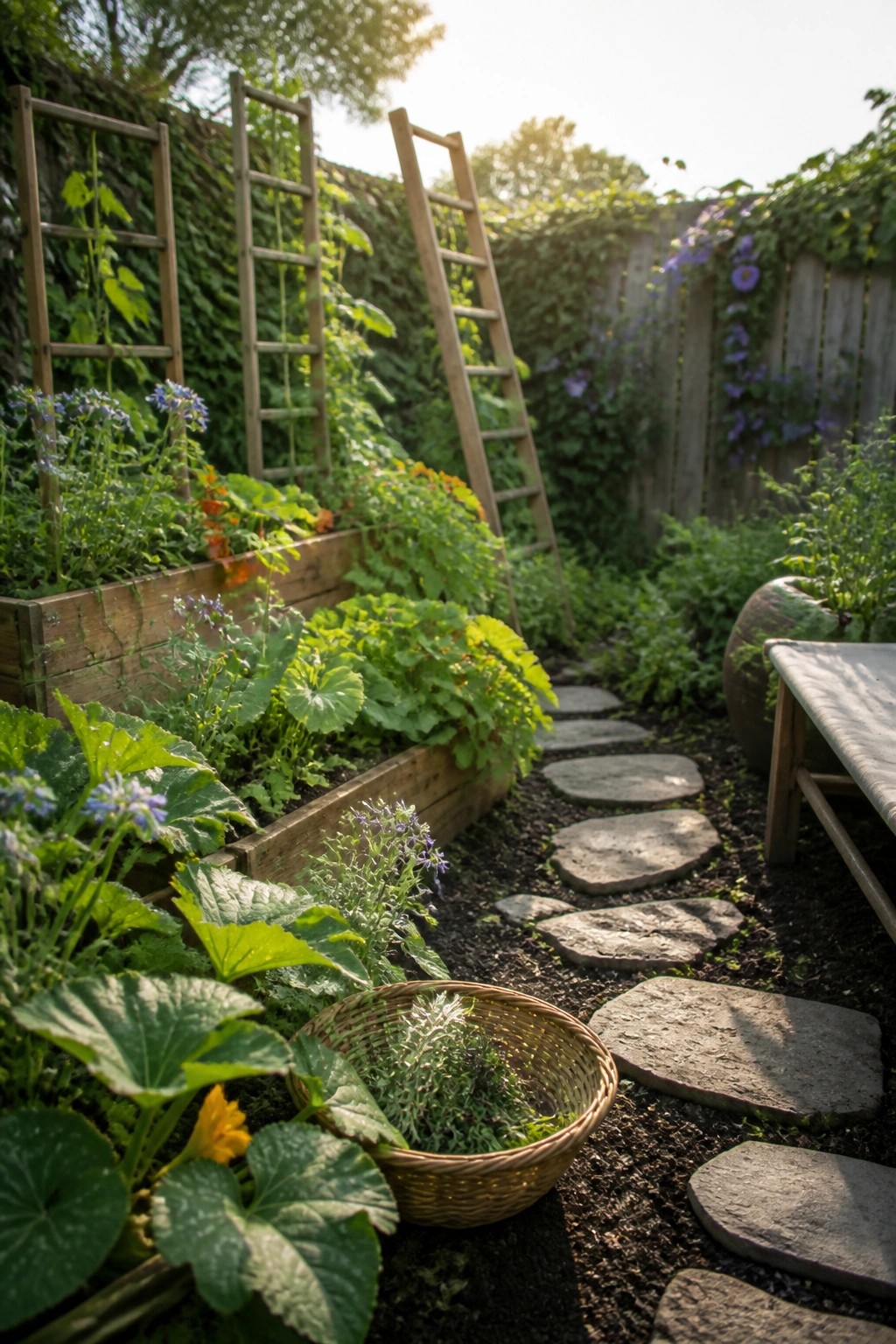 A backyard garden with wooden raised beds full of vegetables and flowers beside a winding path of flat stepping stones.