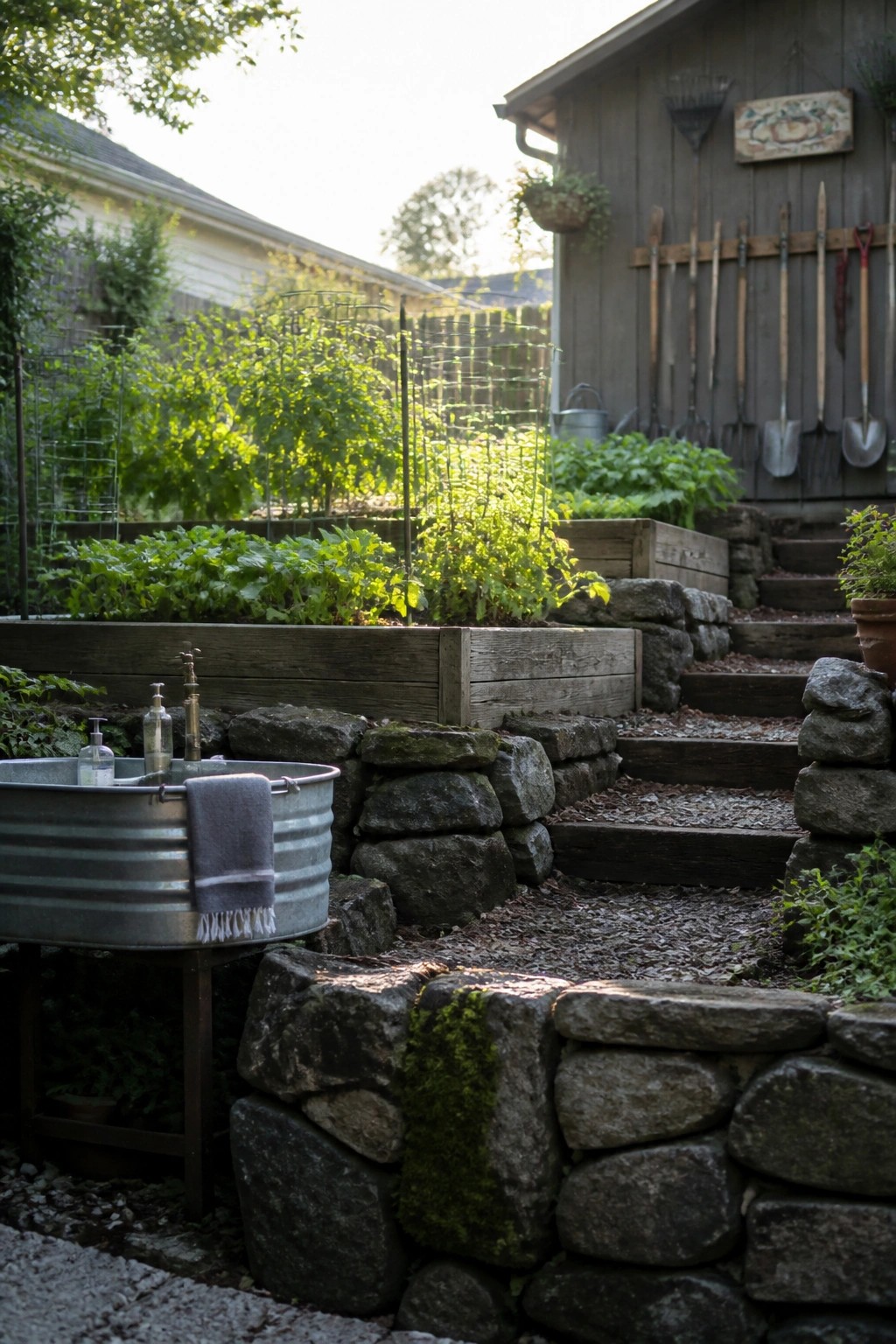 Rustic garden with raised beds, mossy stone steps, metal sink, and tool shed.