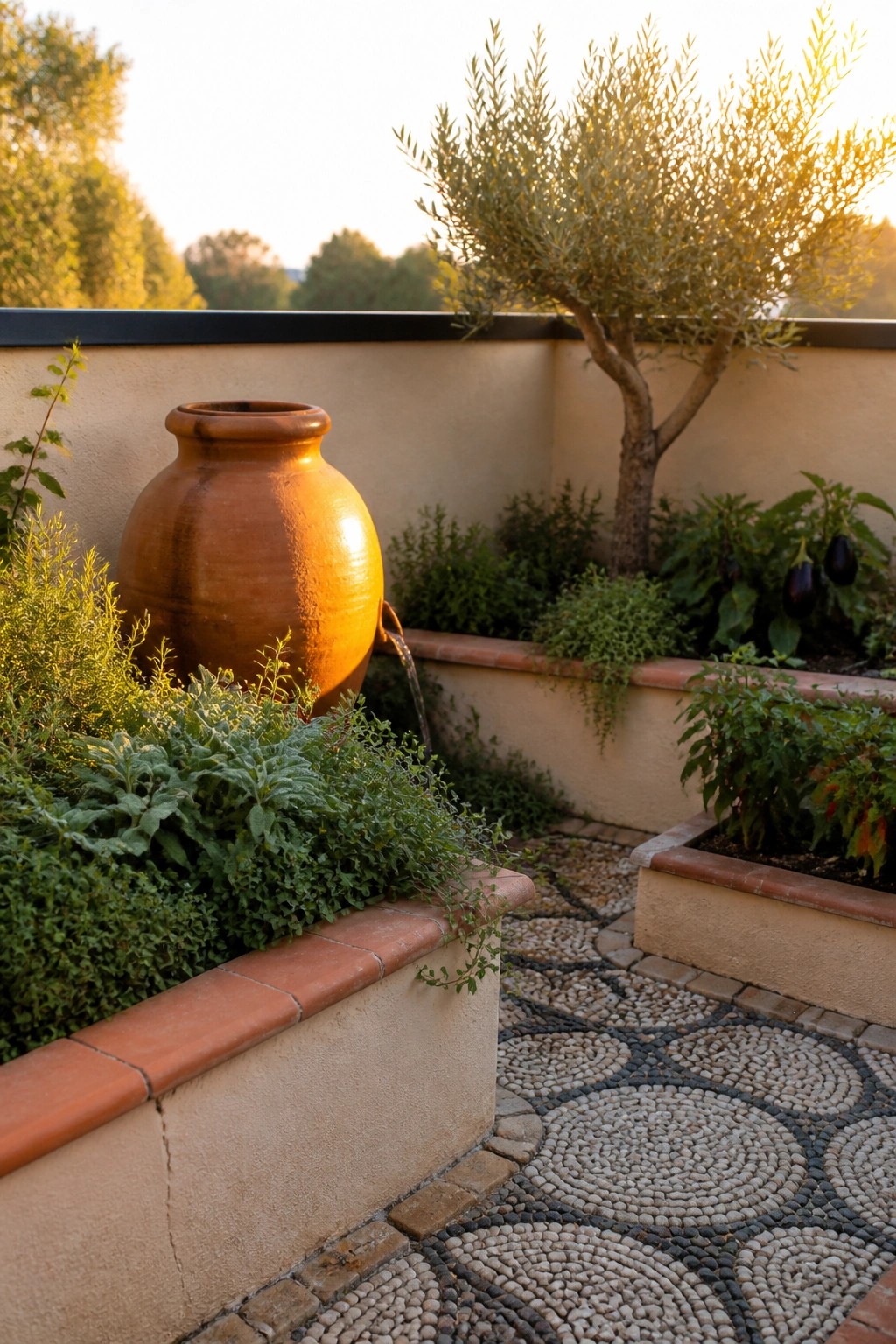 A compact backyard garden with raised stucco beds topped with terracotta tiles, containing vegetable plants, a large terracotta pot water feature, and a pebble mosaic path.