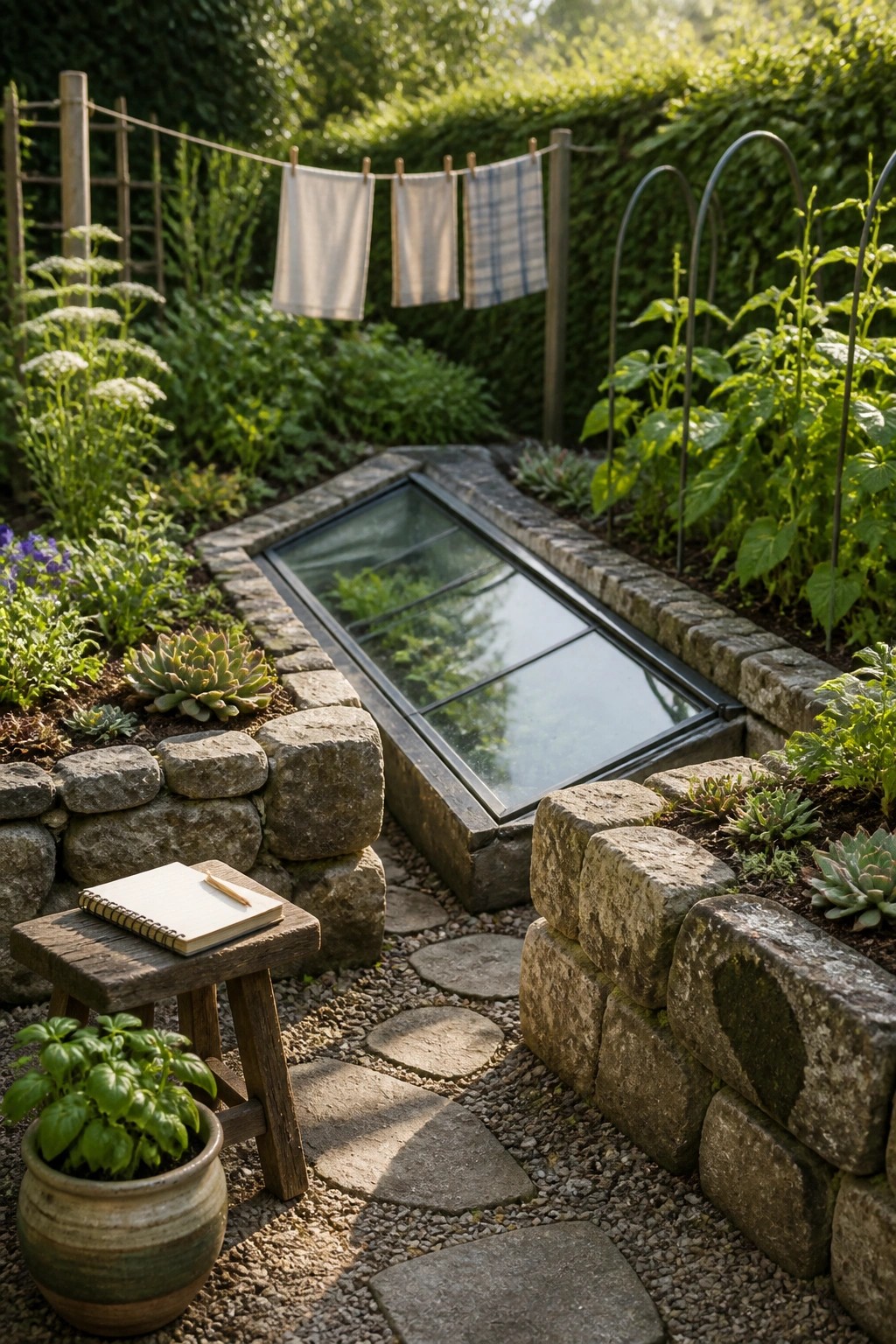 A stone raised garden bed with a slanted glass cover in a backyard garden with surrounding plants and a stone path.