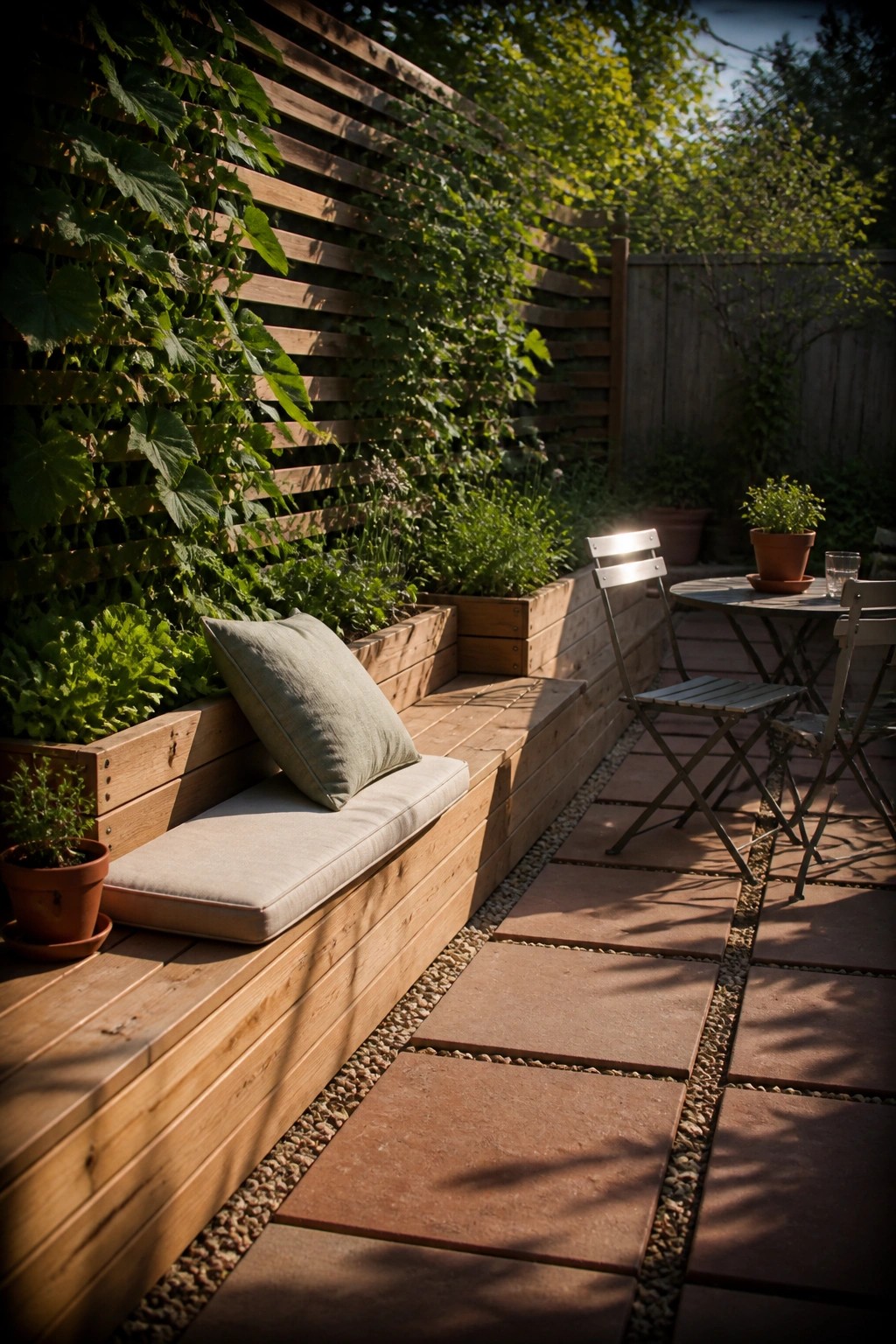 A long wooden raised garden bed with beige cushions used as a bench, attached to a slatted trellis covered in climbing plants, beside a stone paver patio with a small metal table and chairs.
