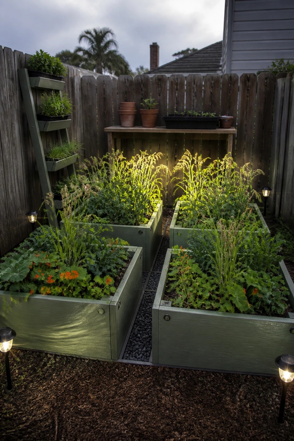 Four green raised garden beds filled with vegetables sit in a backyard with a gravel path between them and a wooden fence behind.