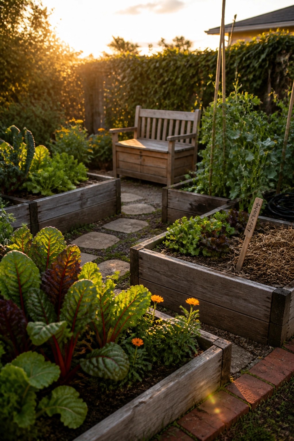 A backyard with several wooden raised garden beds containing leafy vegetables and orange flowers, a wooden bench, and a stone path running between the beds.