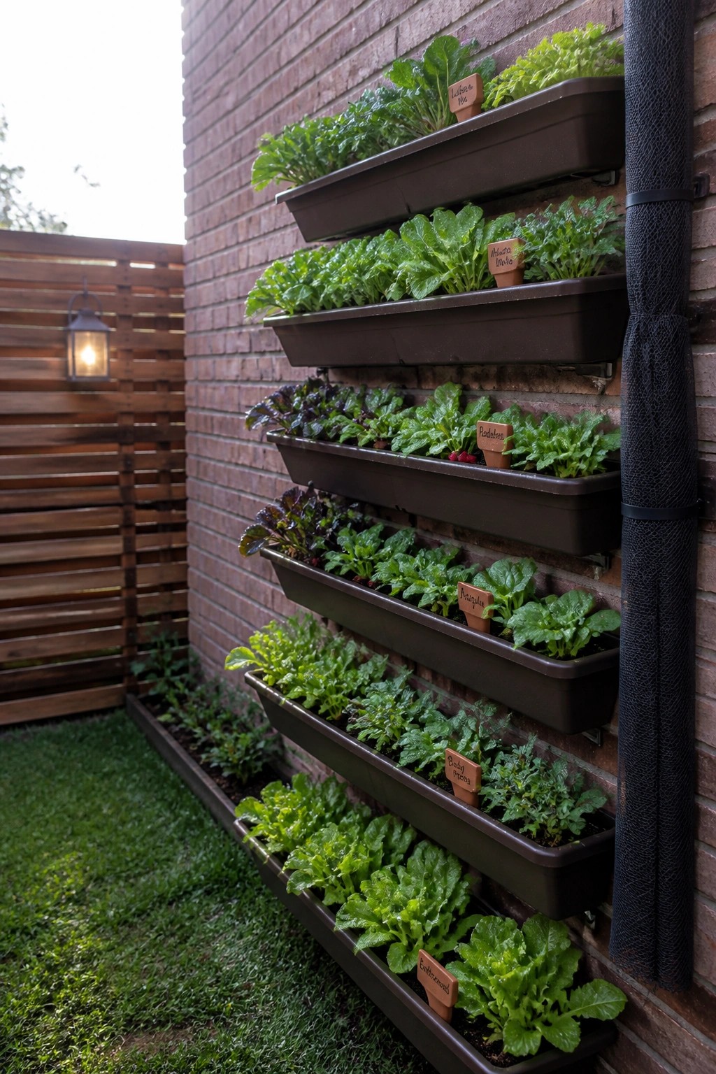 Tiered brown planters with leafy greens and labels on red brick wall