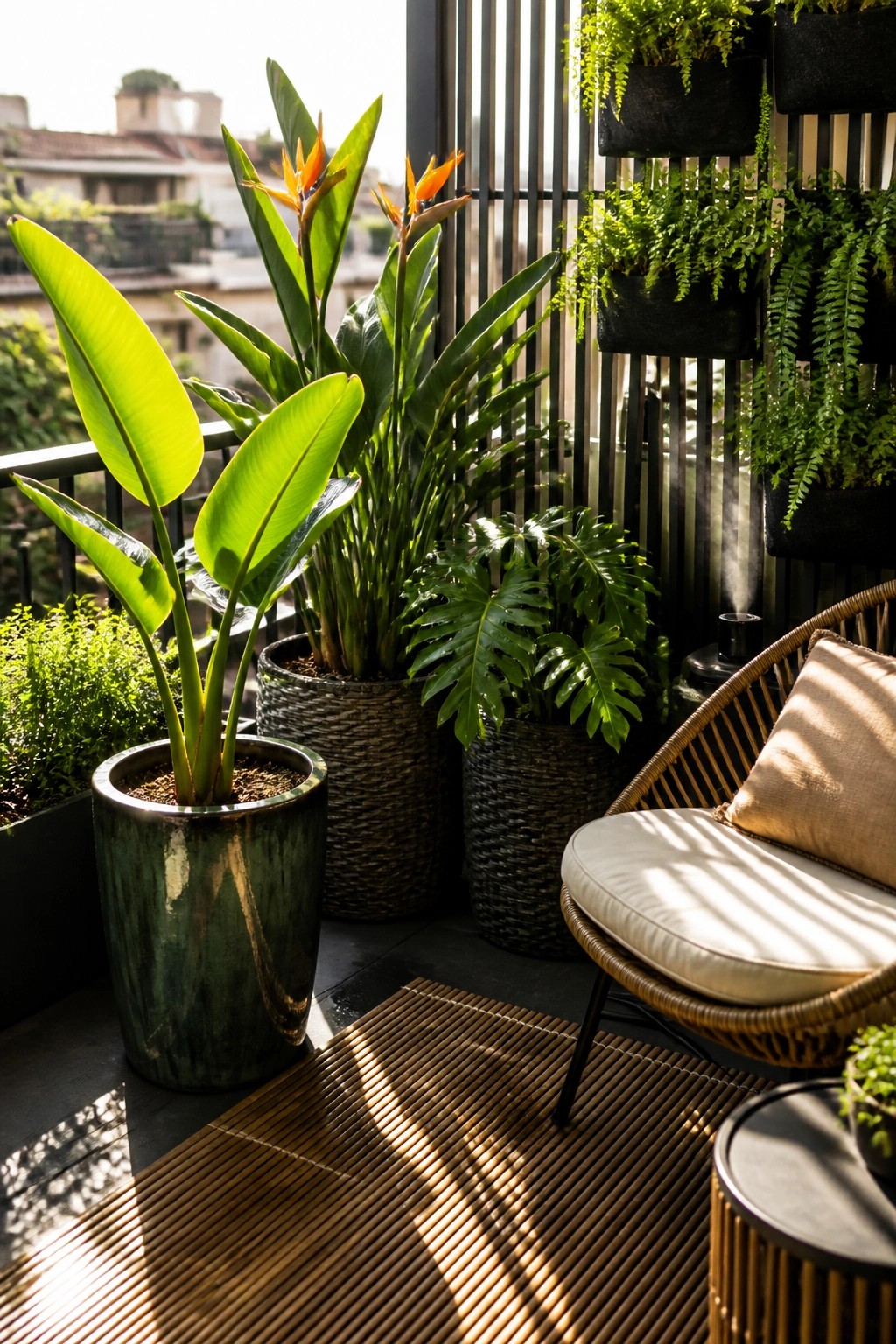 Sunlit balcony with tropical plants in pots, wicker chair, and bamboo rug.