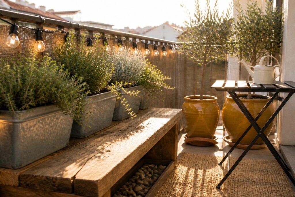 19 Smart Container Gardening Ideas for Small Outdoor Spaces Cozy balcony with wooden bench, string lights, metal planters, and woven rug