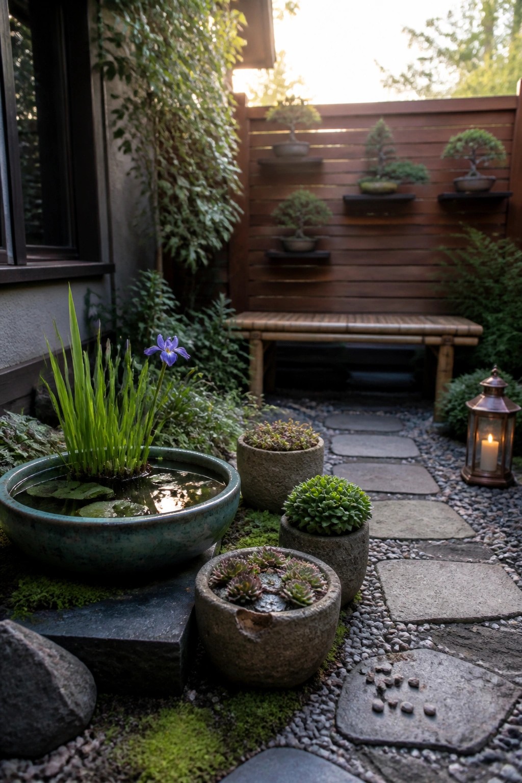 A gravel path lined with ceramic and stone containers holding succulents, grasses, and a water plant, next to a wooden bench and fence with bonsai.