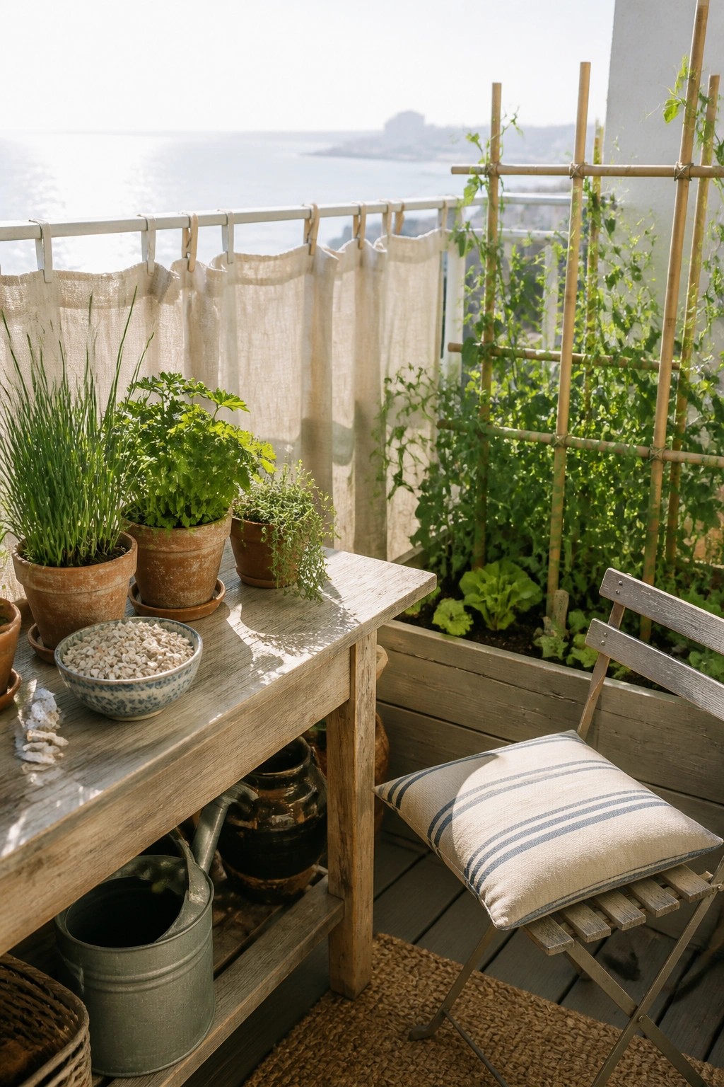 A wooden table holding several terracotta pots of herbs sits on a balcony next to a folding chair, with a raised garden bed and trellis behind it overlooking the water.