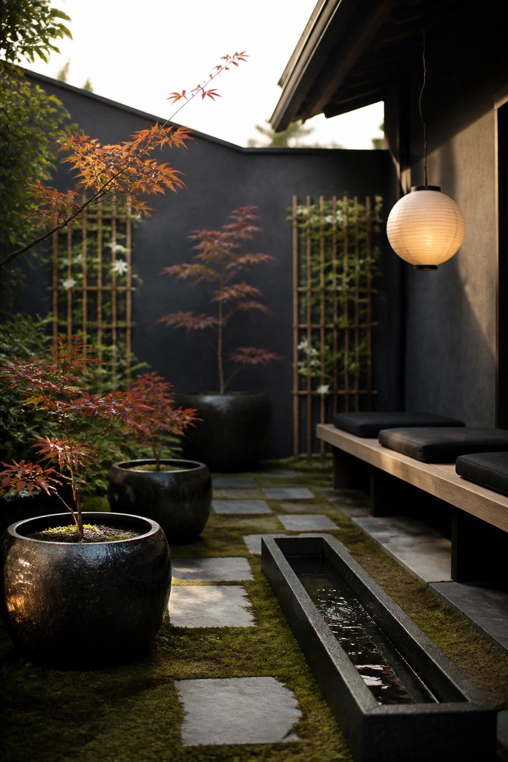 A compact outdoor courtyard with large dark ceramic pots holding red-leafed trees, a stone path through moss, a narrow water channel, and a wooden bench with cushions.