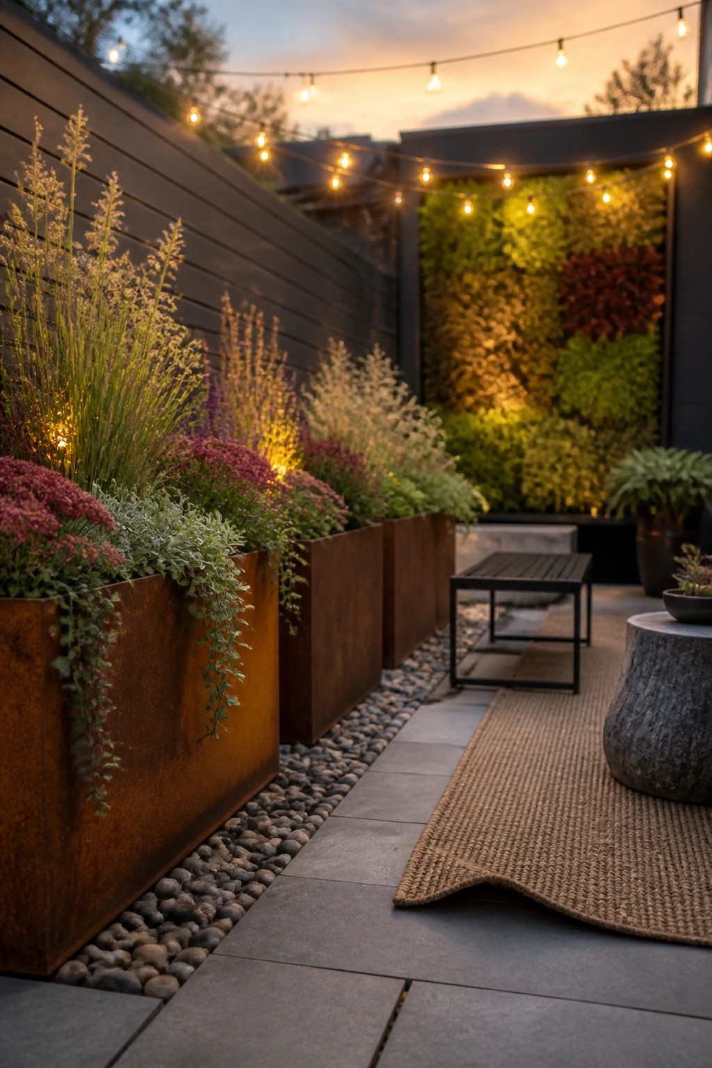 A narrow paved walkway lined with large rusted metal planters containing tall grasses and flowering plants, next to a living wall and a woven rug.
