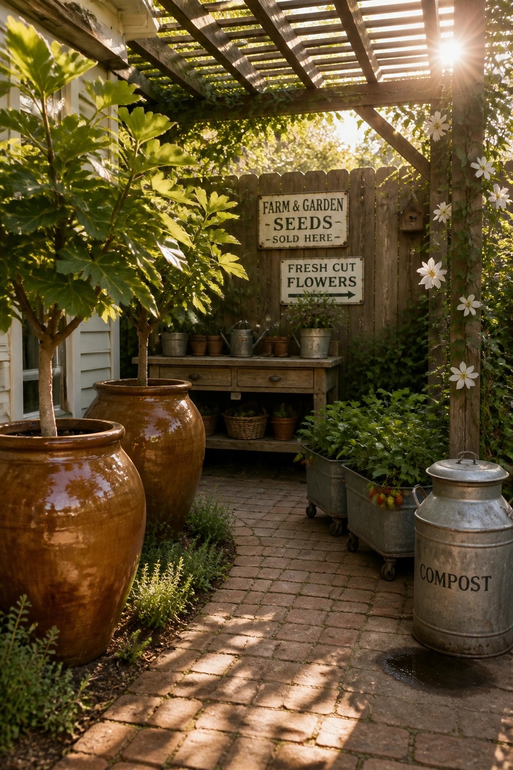 A brick garden path bordered by large brown ceramic pots on the left and metal rolling bins with plants on the right, under a wooden pergola with signs on a fence.