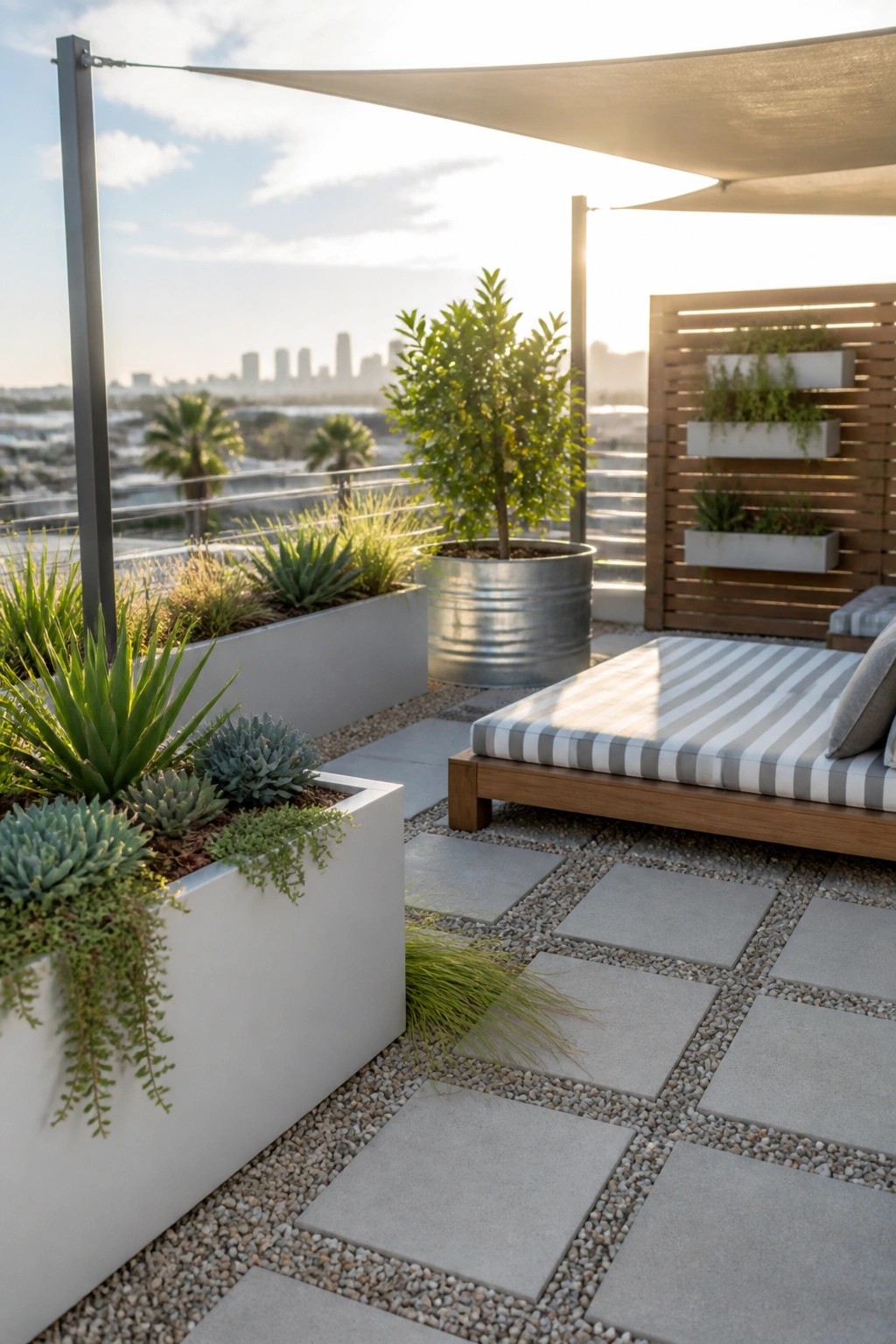 Rooftop terrace with white rectangular planters, a metal barrel planter, wall-mounted planters on a wooden screen, a striped lounge chair, and a shade sail overhead.