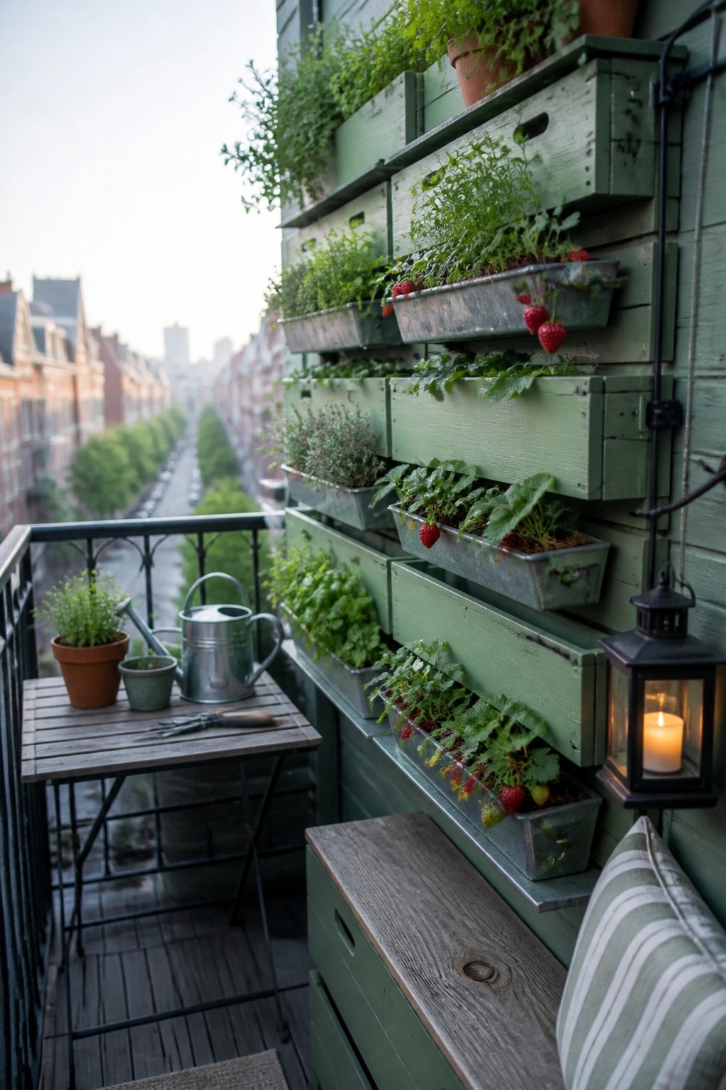 A small balcony features a wooden table with potted plants and a watering can beside a green wall lined with multiple rows of mounted wooden crates and metal containers holding herbs and strawberries.