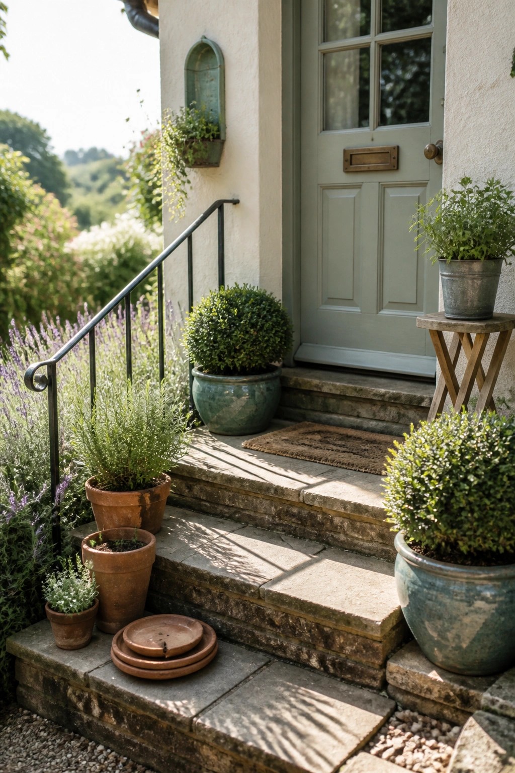Stone steps with potted plants and doormat lead to green door.