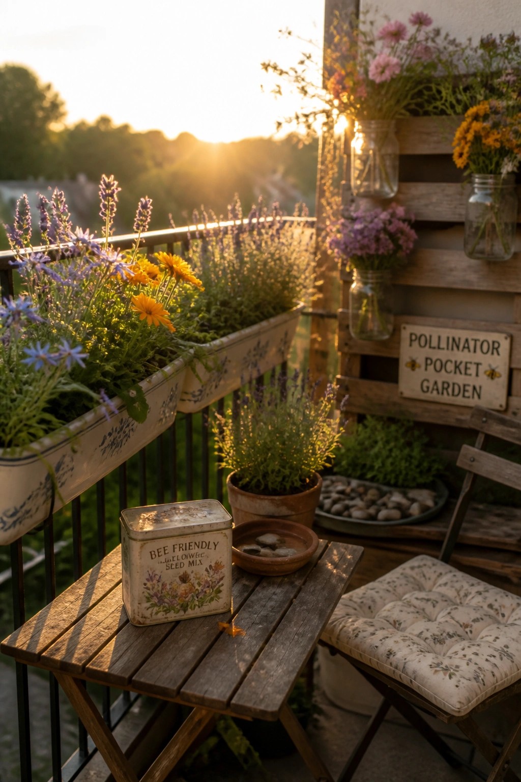 A small balcony filled with flower-filled containers on the railing and a wooden pallet holding mason jars of blooms, with a table holding a seed tin and a chair nearby.