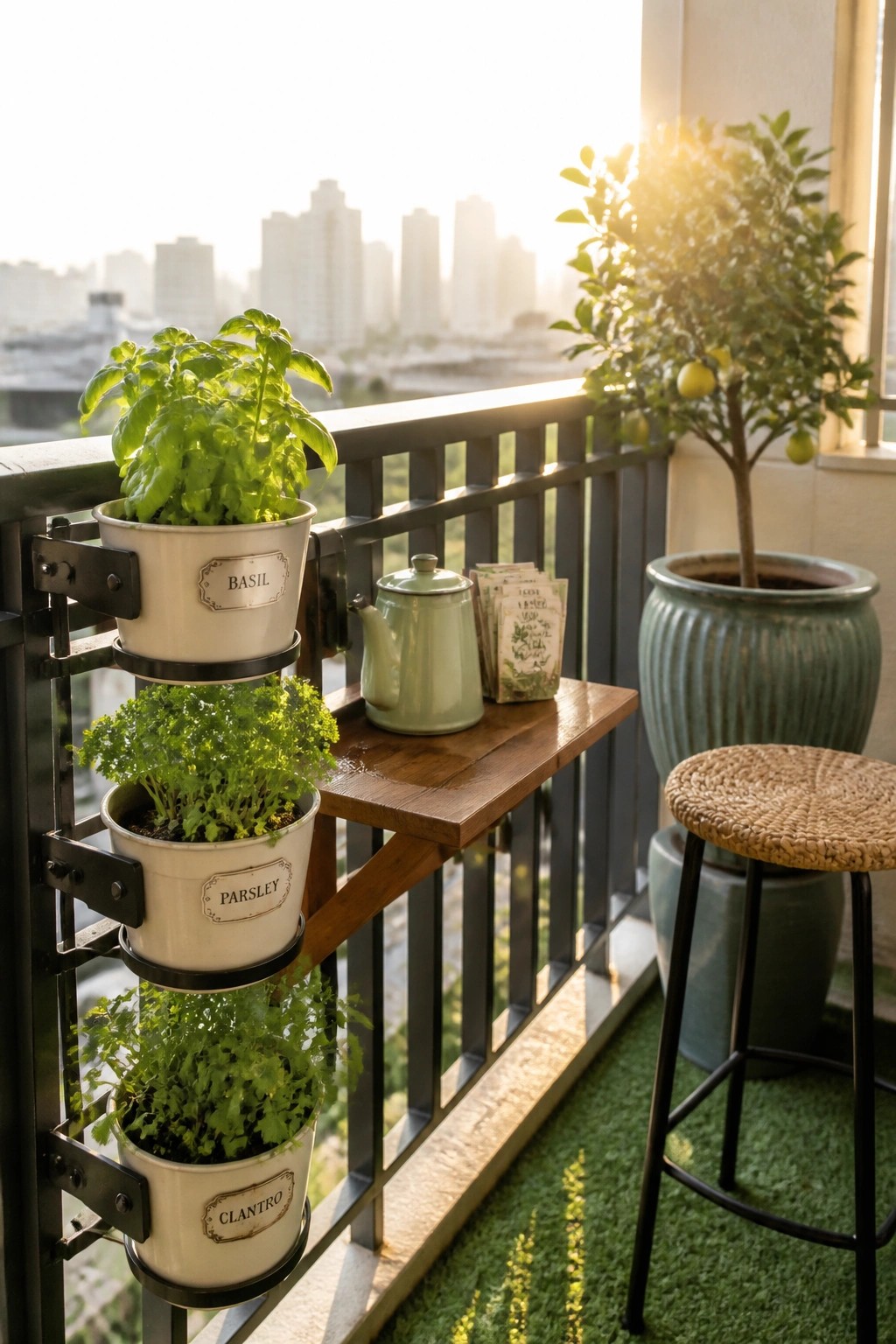 A balcony railing holds three stacked white pots labeled basil, parsley, and cilantro, with a small wooden shelf holding a green teapot and seed packets beside a large potted lemon tree.