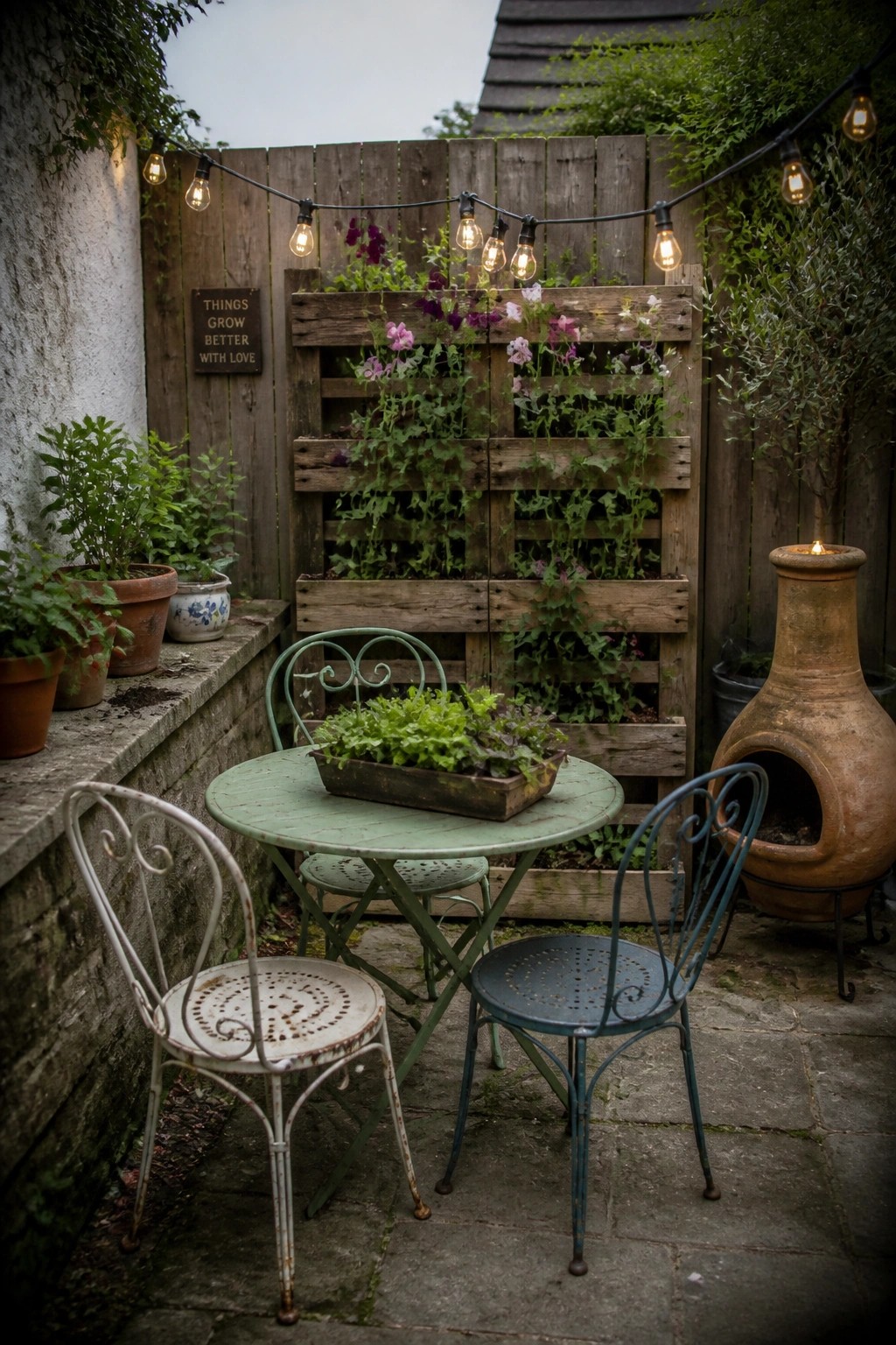 A small paved patio features a wooden pallet mounted on a fence and filled with flowering plants, a round green table with metal chairs, several terracotta pots on a ledge, and a clay chiminea.