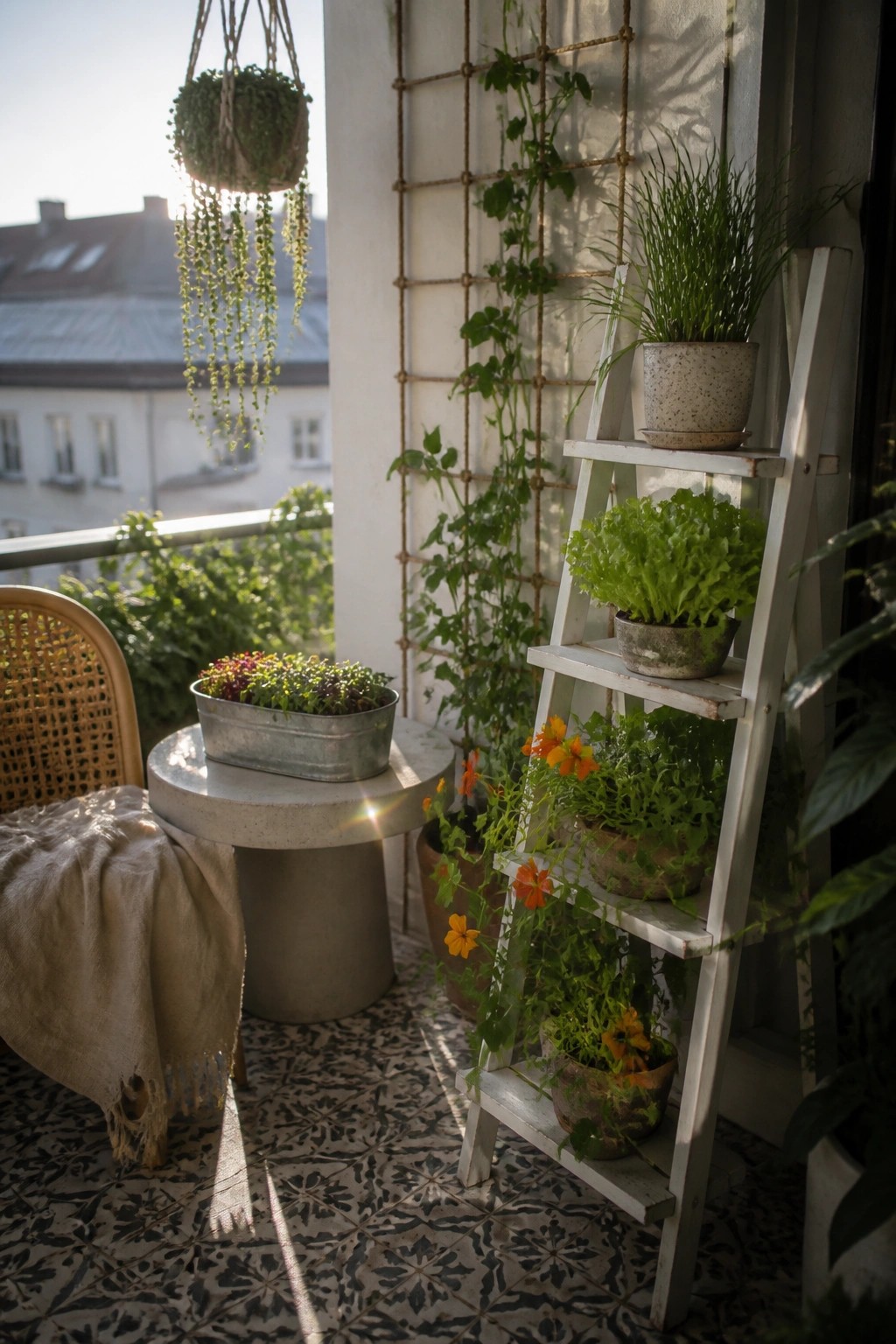 A small balcony with a white wooden ladder holding multiple potted plants, a round table with a metal planter, a hanging plant, and a wicker chair on patterned tile flooring.
