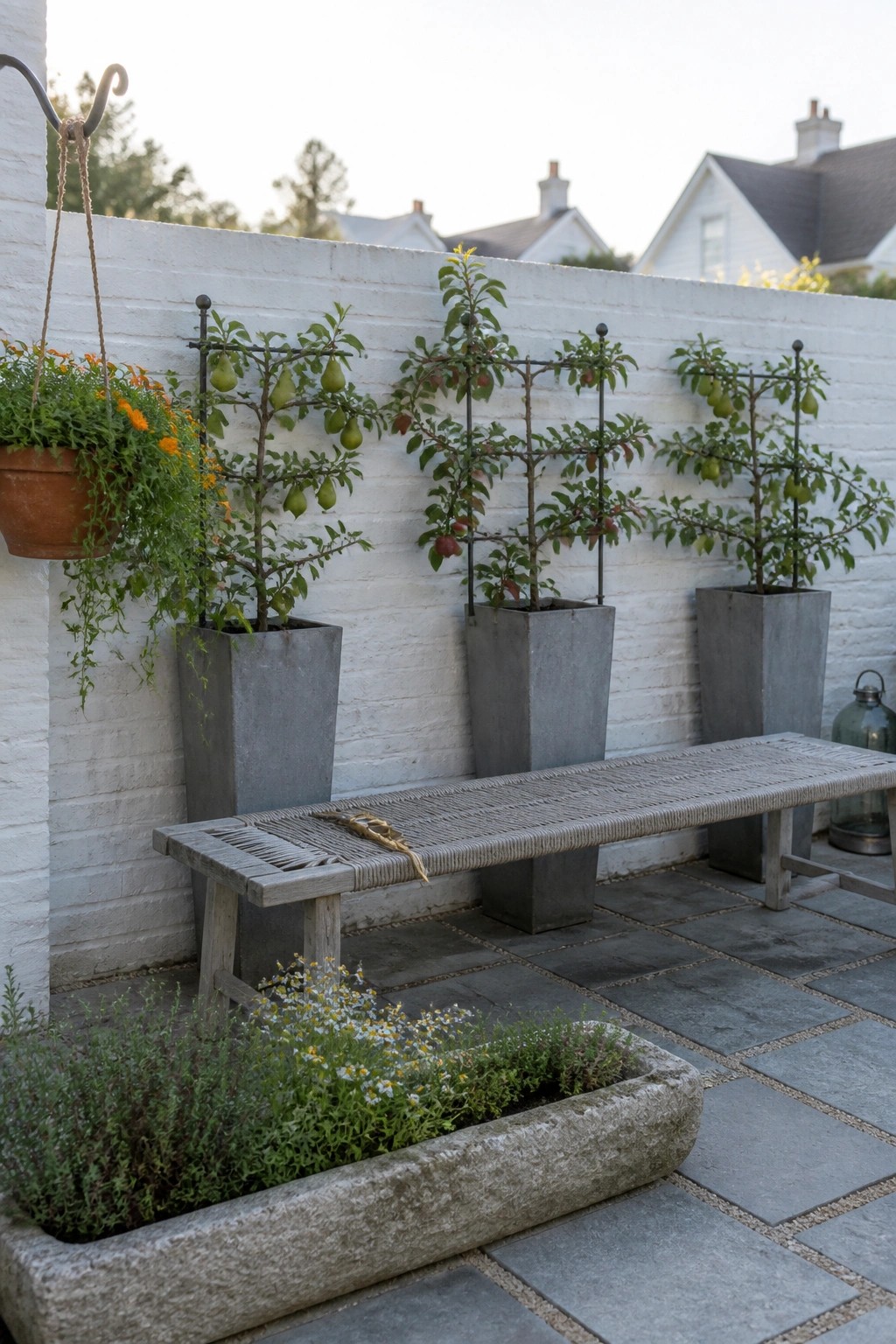 A row of gray rectangular containers holding small trees trained on metal trellises against a white brick wall, with a woven bench in front.