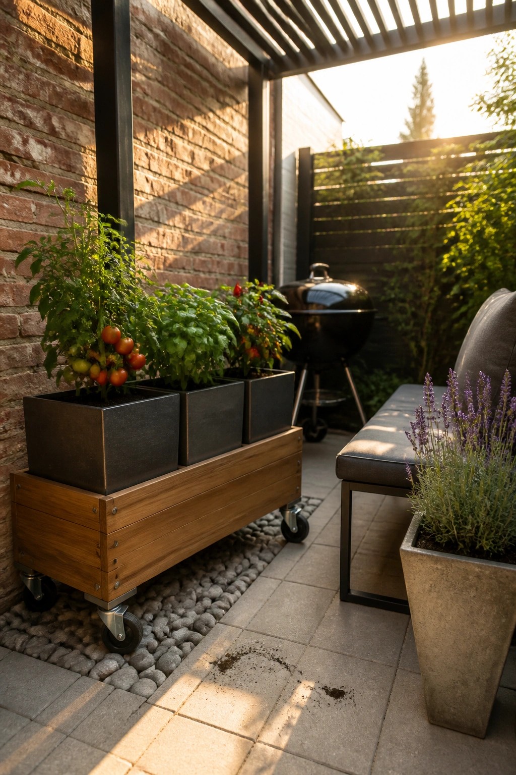 Wooden wheeled planter box holding square metal pots with tomato plants sits on a paved patio beside a brick wall and a gray bench.