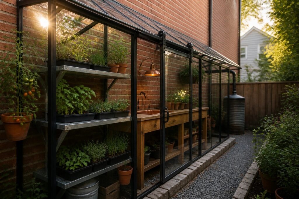 Greenhouse with glass doors, shelves of labeled herb plants, wooden workbench against brick wall