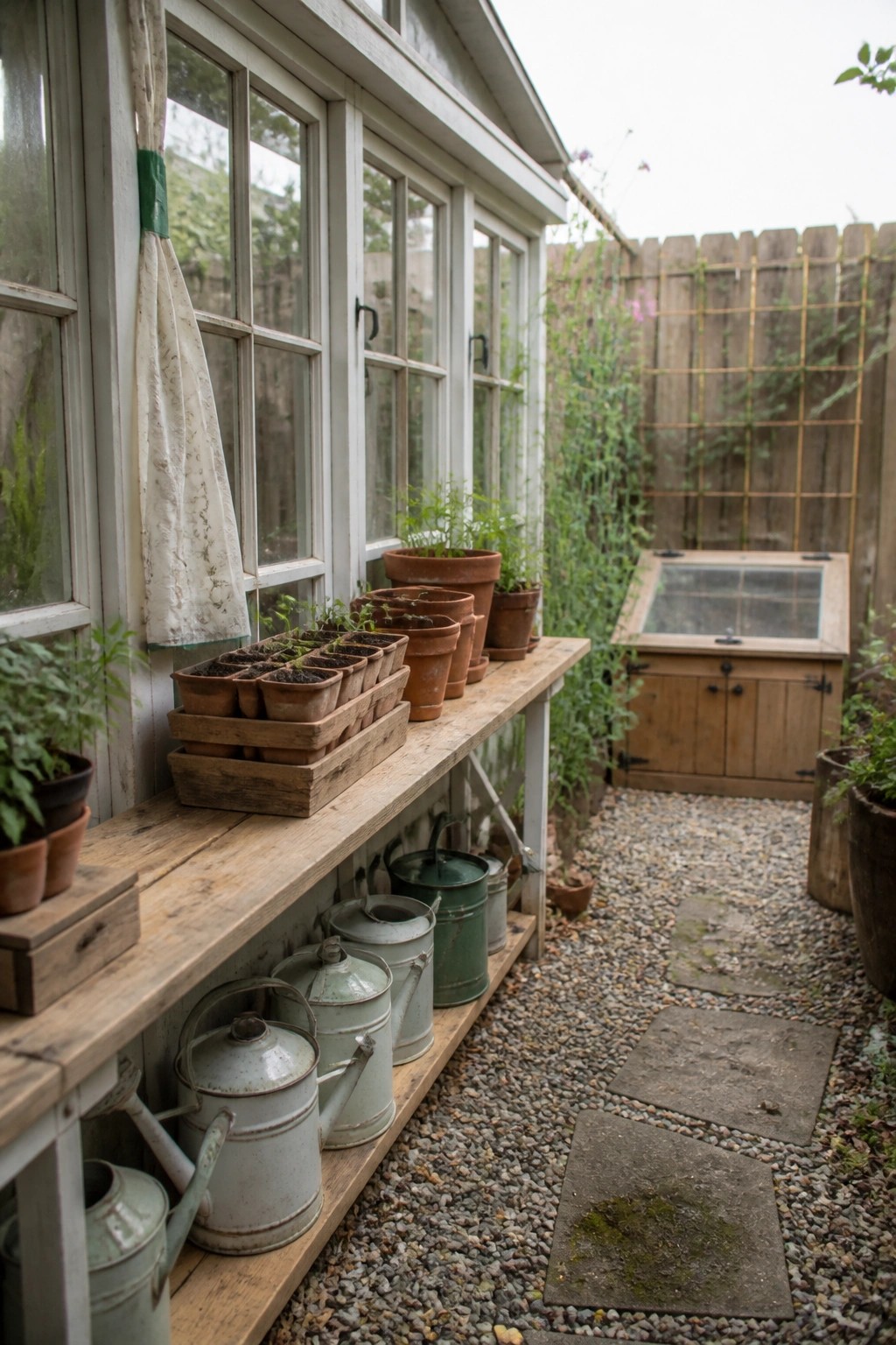 A lean-to greenhouse with white-framed windows attached to a house wall, a long wooden bench holding terracotta pots and seedling trays, watering cans stored below, and a gravel path beside a wooden cold frame.