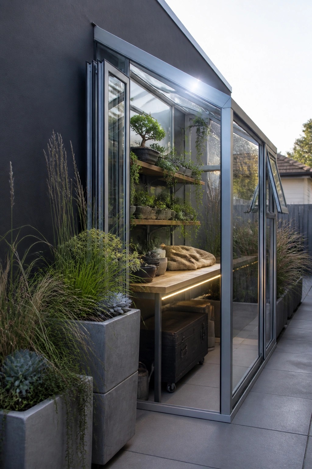 Modern glass greenhouse with plant shelves, wooden table, and concrete planters outside