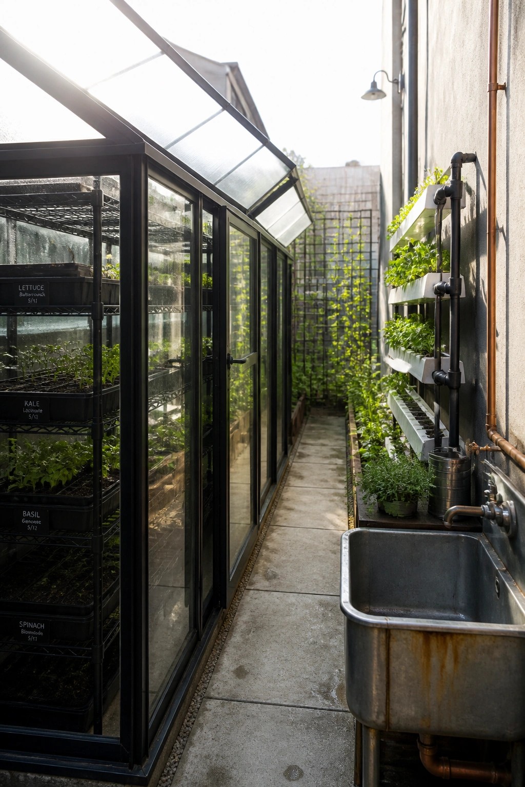 A narrow concrete pathway runs between a black-framed lean-to greenhouse filled with labeled plant trays on the left and a wall with vertical planters and a metal sink on the right.