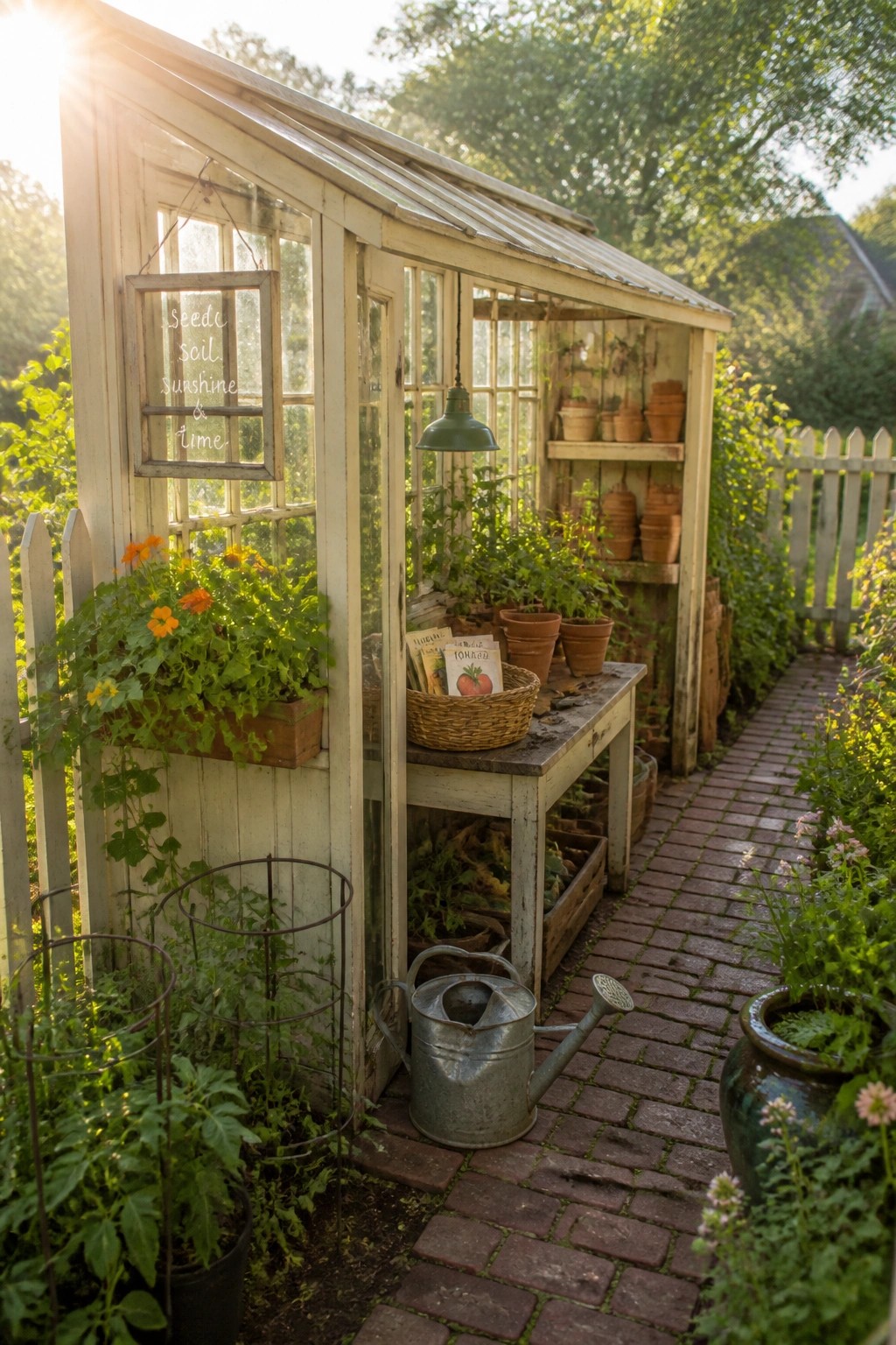A white wooden lean-to greenhouse with an open door stands next to a brick path, showing shelves of pots and plants inside.