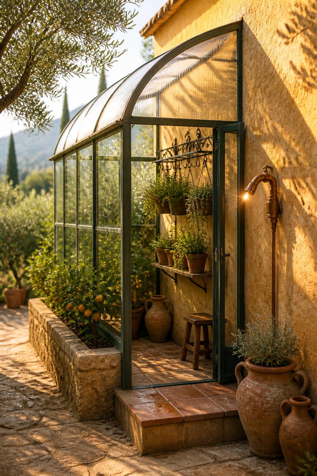 A lean-to greenhouse with an open door attached to a stucco house wall, showing potted plants on interior shelves and terracotta pots outside on a stone path.