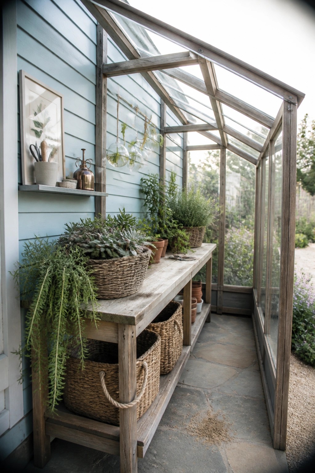 A narrow lean-to greenhouse with a wooden frame and glass roof attached to the side of a light blue house, with plants and baskets arranged on a wooden bench inside.