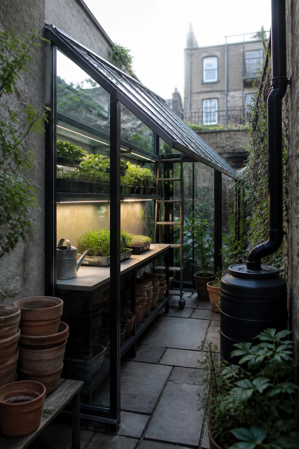 A narrow lean-to greenhouse with black metal framing, sloped glass roof, and interior shelves filled with plants, set against a stone wall on a paved path.