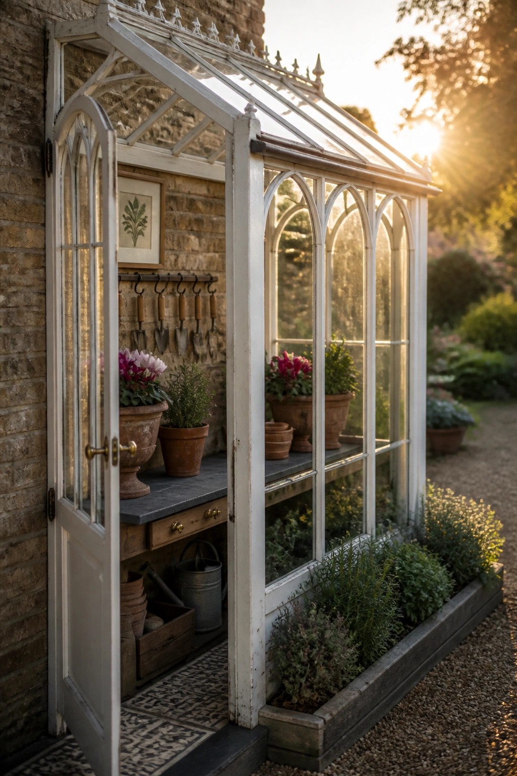 A white lean-to greenhouse with open doors attached to a brick wall, showing potted plants, gardening tools on the wall, and additional plants along the base in a garden setting.