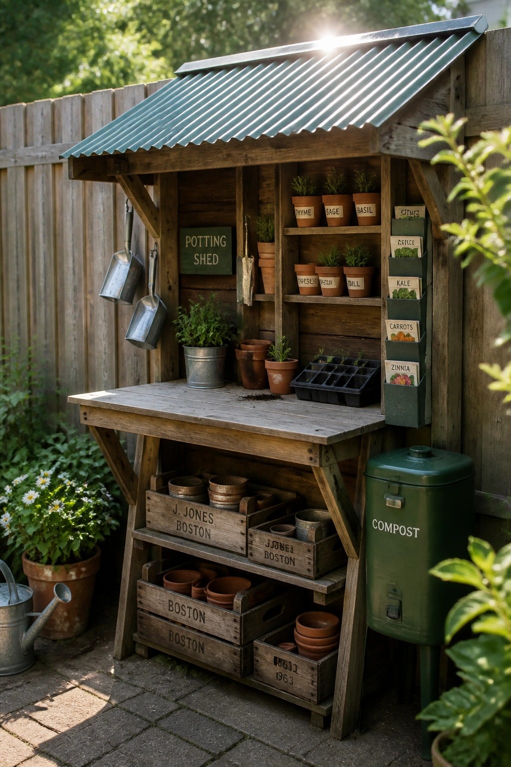 A wooden lean-to potting shed with a green corrugated roof attached to a fence, showing shelves of herb pots, a workbench, seed packet pockets, and stacked crates below.