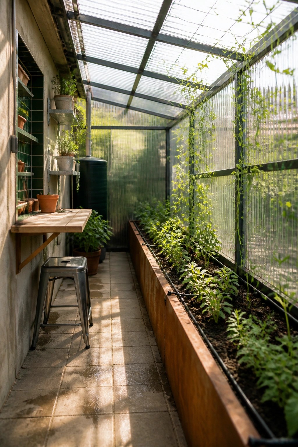 Narrow lean-to greenhouse interior with a long raised bed of young plants along the right wall and wall-mounted shelves holding potted plants on the left.
