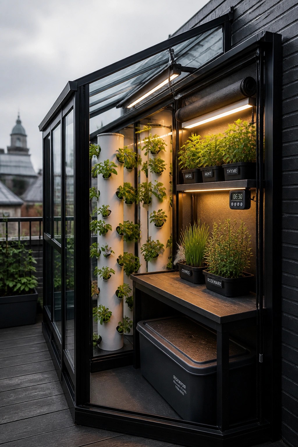 A black-framed lean-to greenhouse on a wooden deck with multiple white vertical growing tubes and illuminated black shelves holding potted plants.