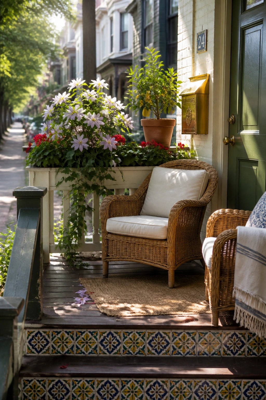 A wooden front porch with a white planter box of purple and red flowers along the rail, a wicker chair with white cushions, a potted tree, and a green door with a brass mailbox.