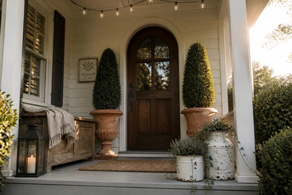 13 Cozy Porch Container Gardening Ideas for Inviting Entryways Cozy porch with arched wooden door, potted topiaries, string lights, and lanterns at dusk.