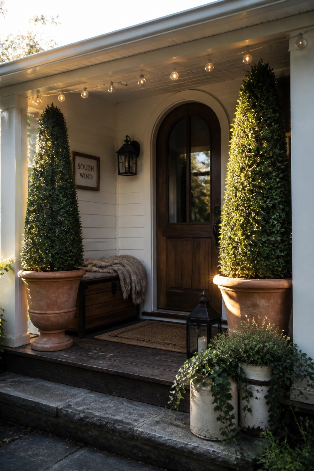 Cozy porch with arched wooden door, potted topiaries, string lights, and lanterns at dusk.