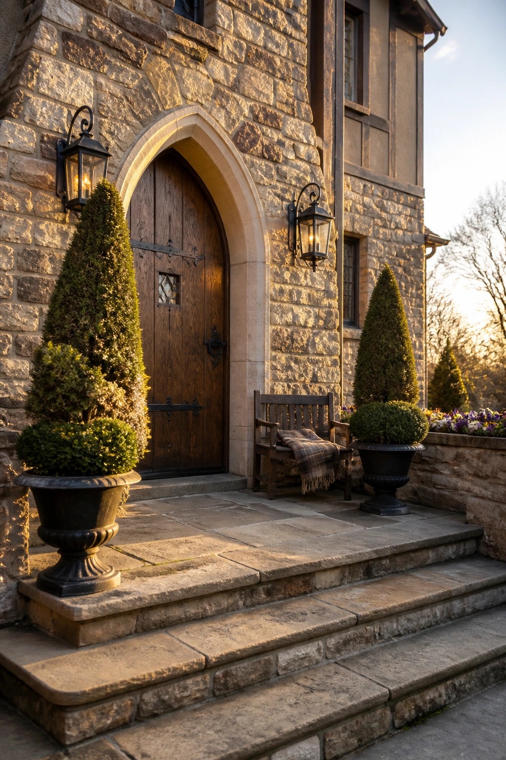 A stone house entrance with an arched wooden door, black lanterns on either side, a wooden bench, and several large black pots holding conical evergreen shrubs and trees on the steps.