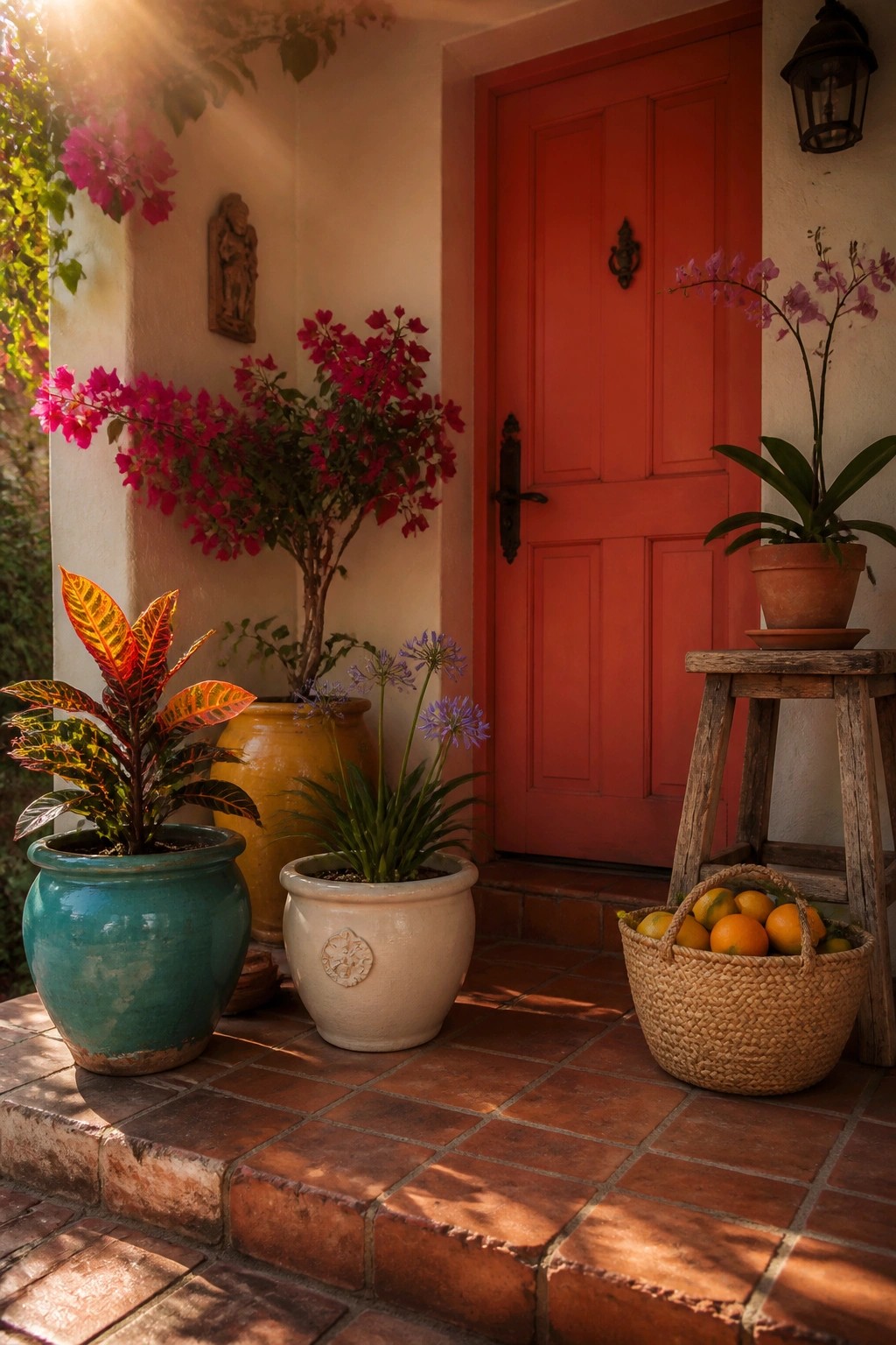 A red door on a brick porch with potted plants in teal, white, and yellow containers plus a basket of oranges on the steps.