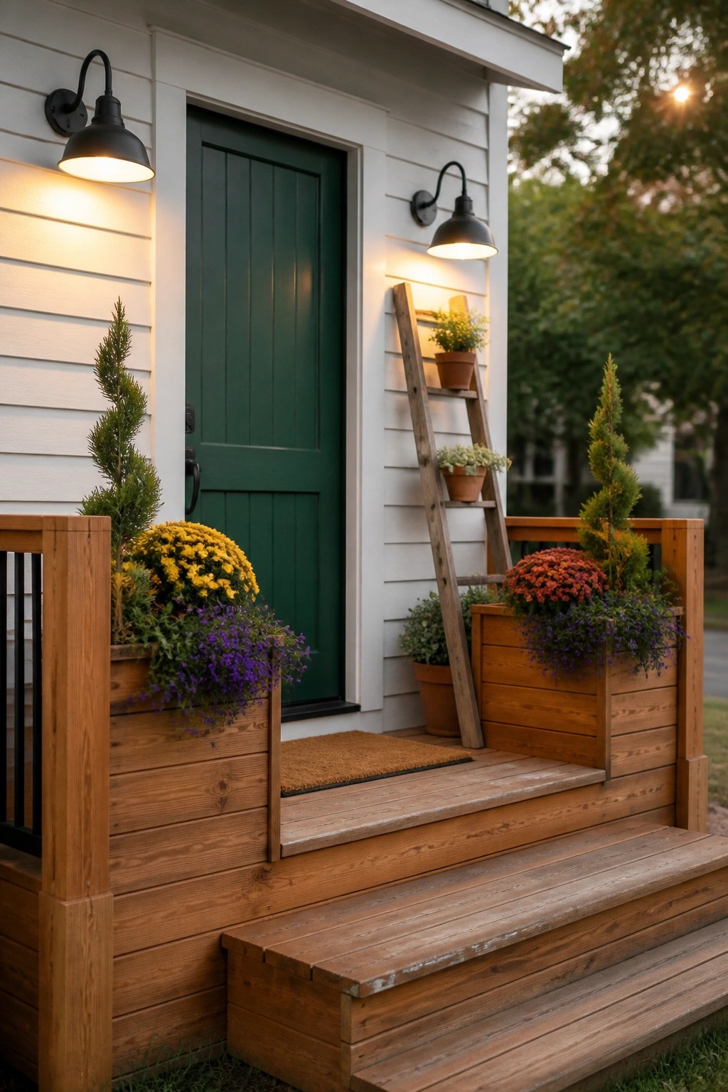 A front porch with a green door, wooden steps and railings, and multiple wooden planter boxes filled with yellow, purple, and red flowers along with small evergreen trees.
