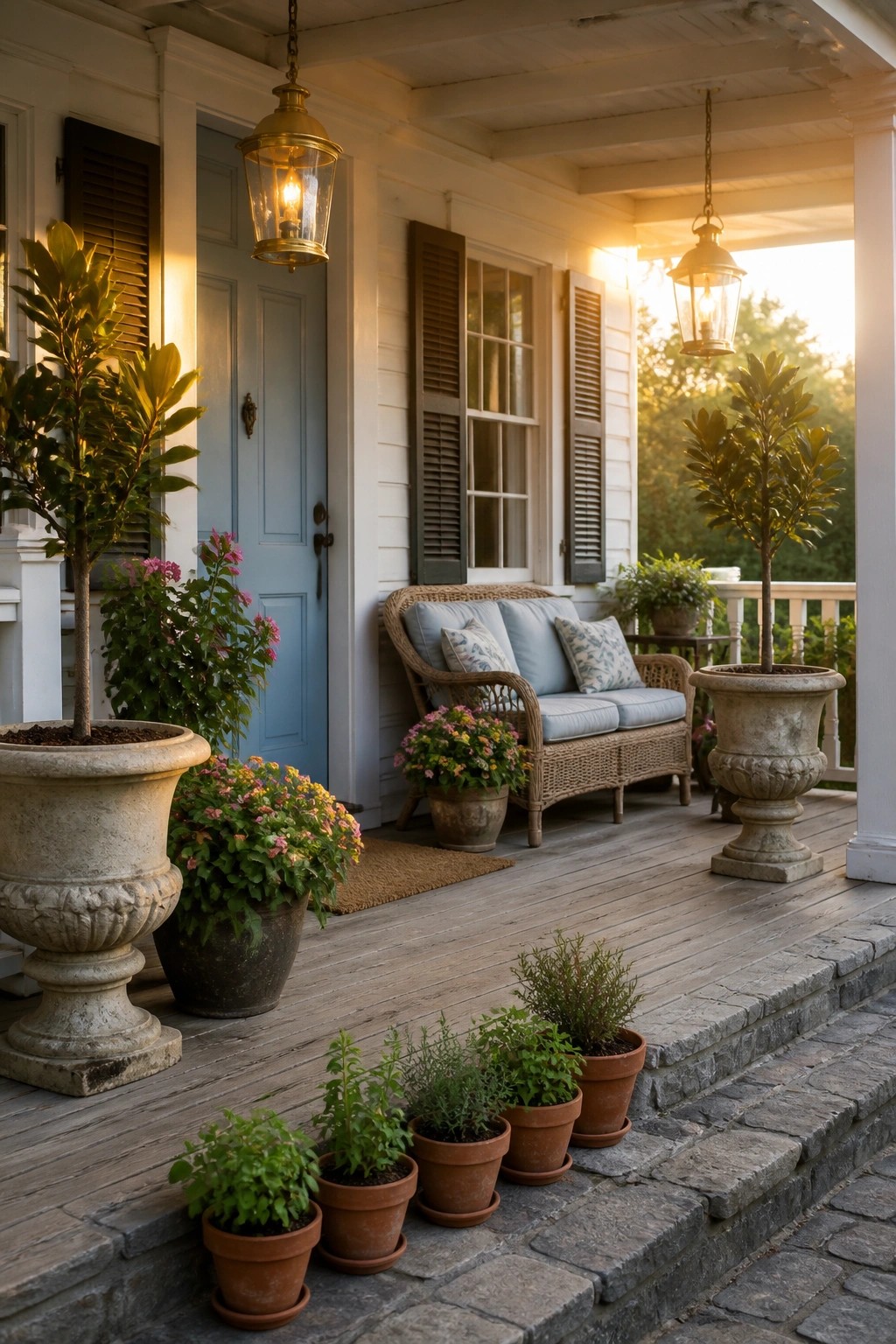 A front porch with a wicker sofa, blue door, hanging lanterns, and rows of potted plants in large stone urns and smaller terracotta pots arranged along the wooden steps and deck.