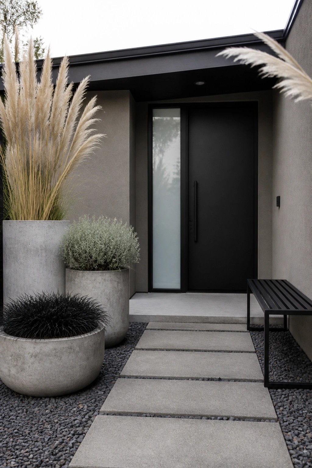 Concrete planters of varying sizes filled with tall ornamental grasses and shrubs line a gravel path leading to a black front door with a vertical glass panel.
