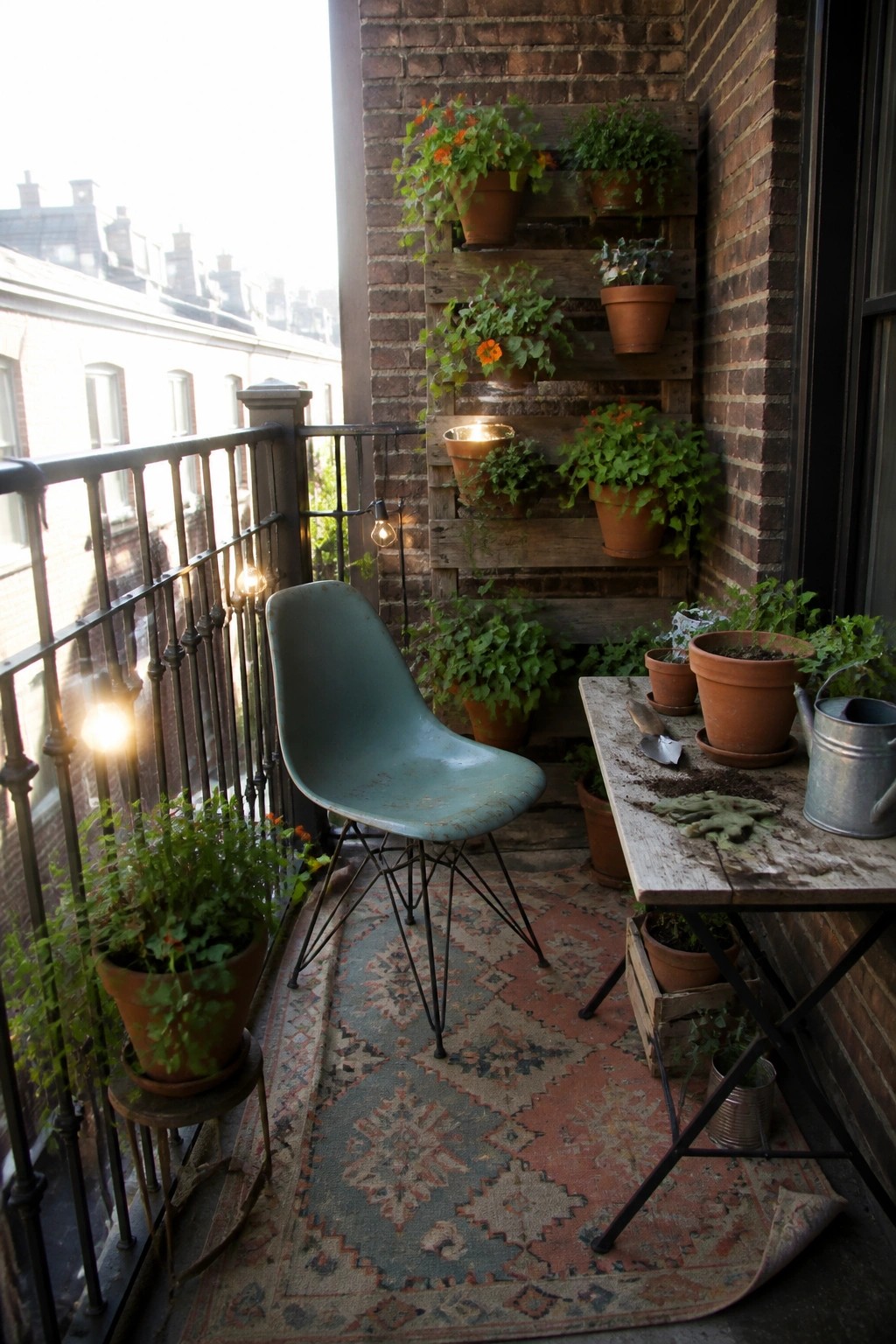 A small urban balcony with a teal molded chair on a patterned rug, a wooden table holding pots and tools, and a brick wall fitted with a wooden pallet displaying multiple potted plants.