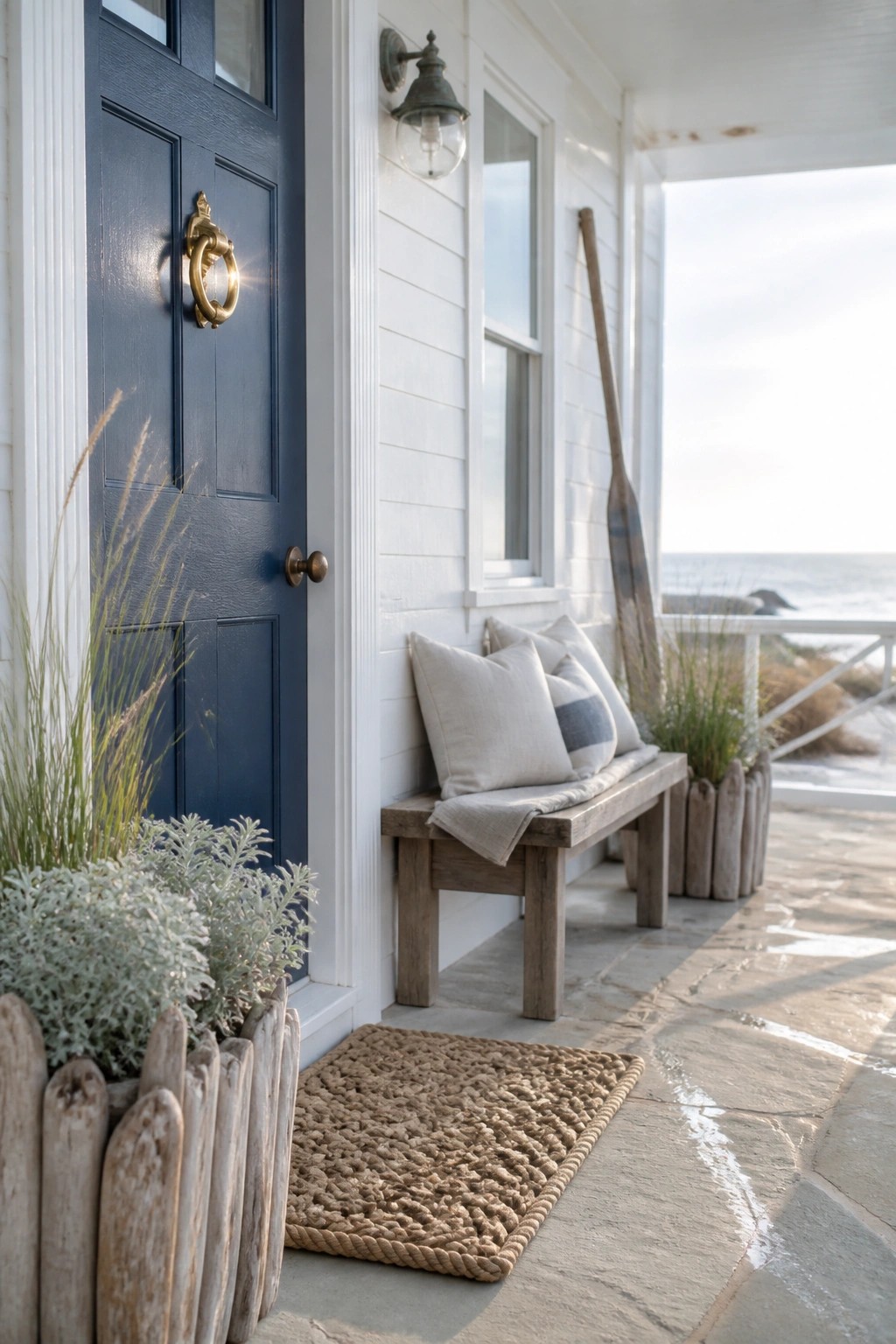 A navy blue front door on a white house with wooden crate planters holding green plants, a wooden bench with pillows, and a rope doormat on a stone porch.