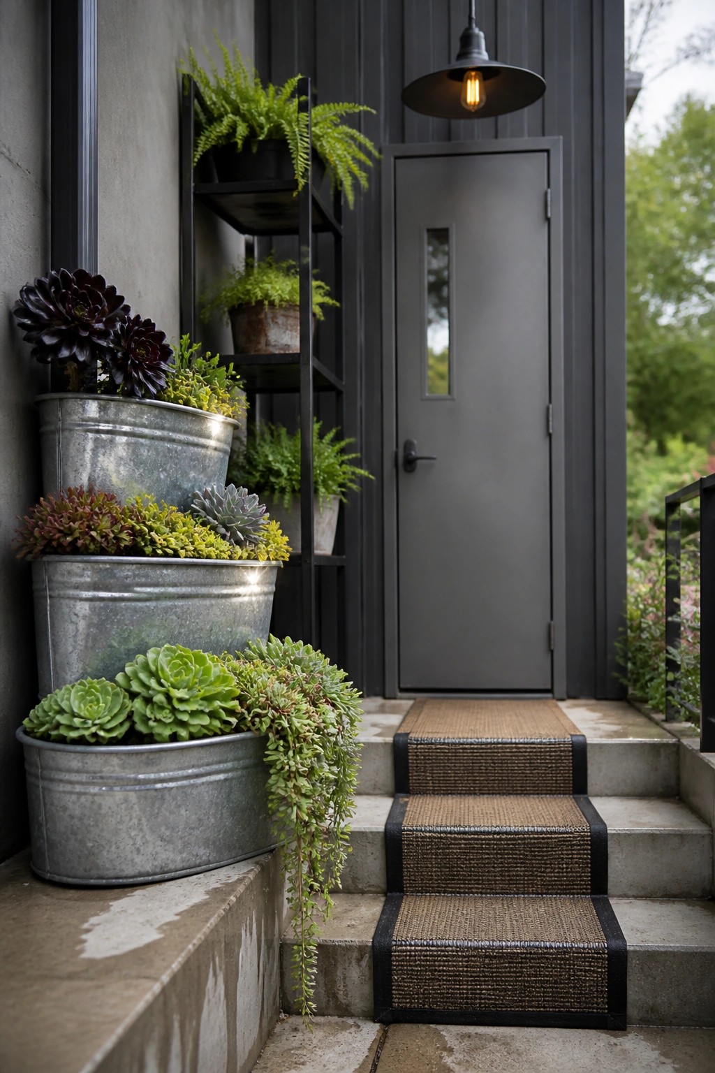 Concrete steps with woven runners lead up to a dark gray door, with stacked metal buckets holding succulents and ferns on the left side and a black shelf unit with more potted plants nearby.