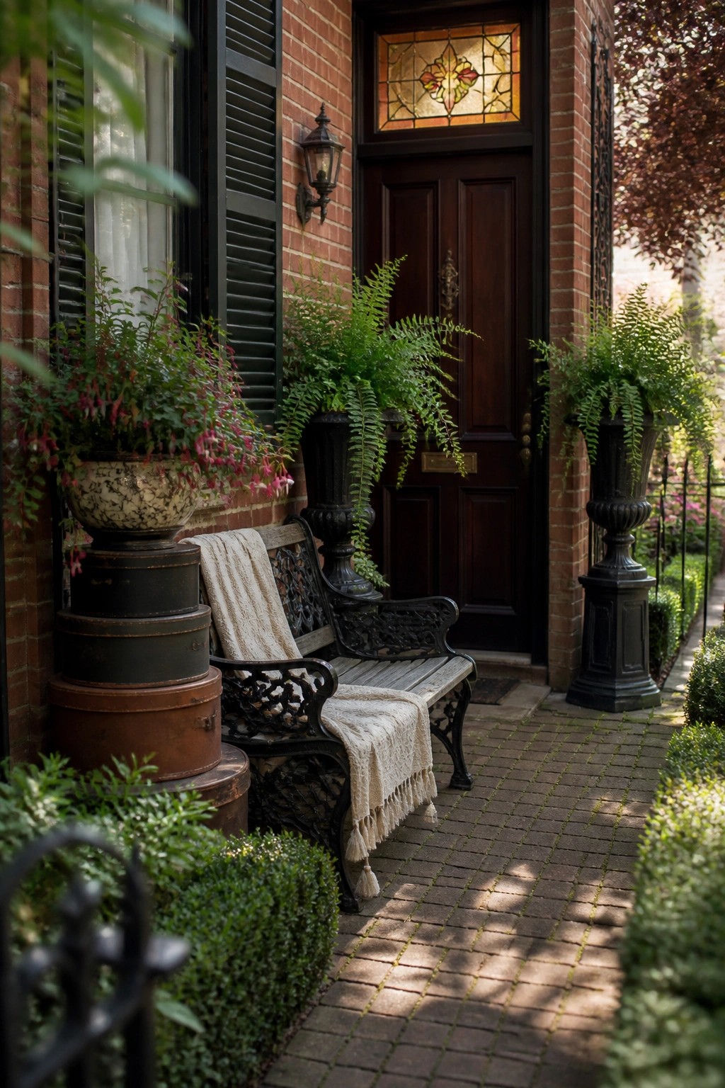 A brick porch features a wooden bench with a blanket, flanked by stacked pots holding pink flowers on the left and tall black urns with ferns on both sides of a dark wooden door with a stained glass transom.