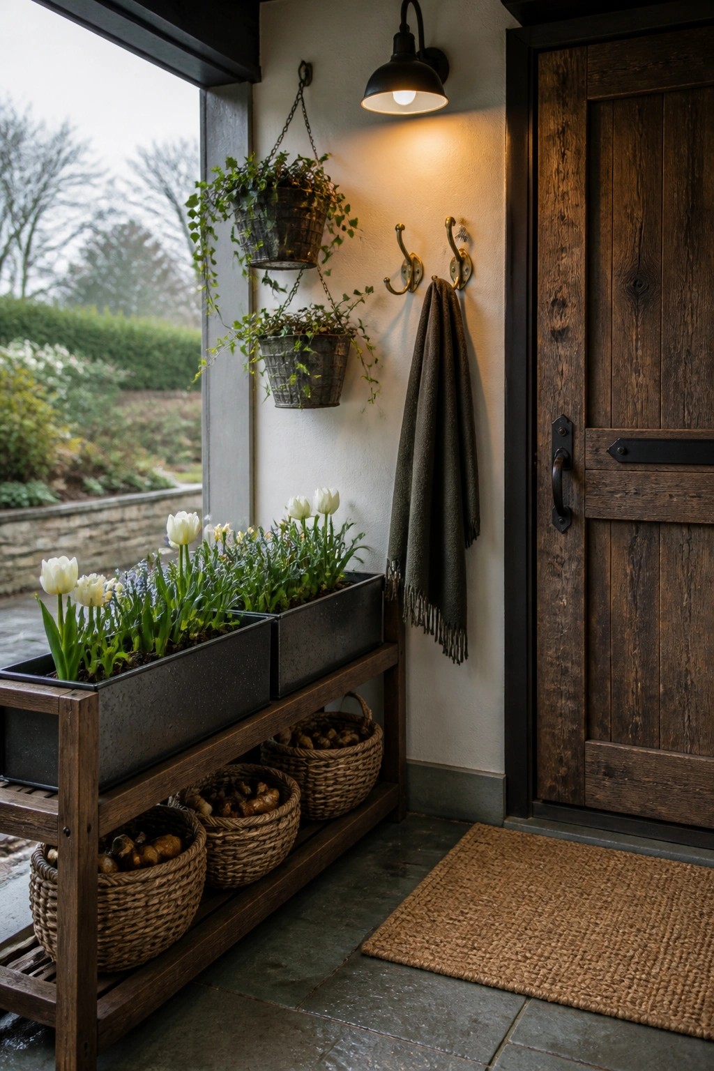 Rustic entryway with dark wood door, white tulips, hanging plants, and potato baskets